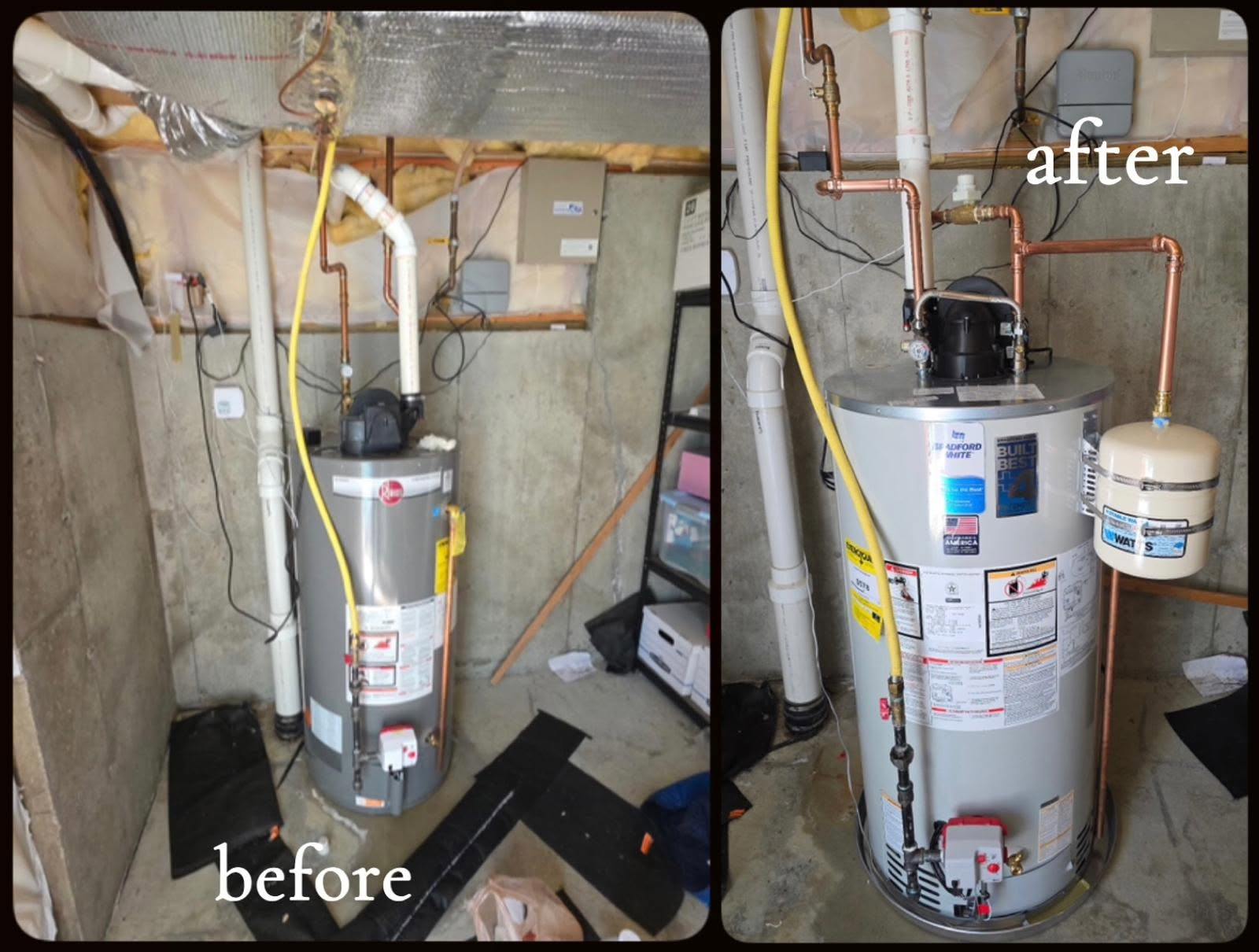 Before and after photos of a gas water heater replacement in a Southern New Hampshire basement